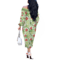 Anthurium Pikake Ti Leaf Palaka Off The Shoulder Long Sleeve Dress Green Version LT01 - Polynesian Pride