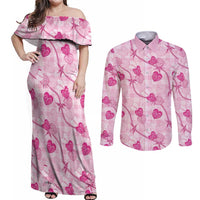 Anthurium Pikake Ti Leaf Palaka Couples Matching Off Shoulder Maxi Dress and Long Sleeve Button Shirt Pink Version LT01 Pink - Polynesian Pride