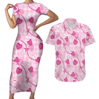 Anthurium Pikake Ti Leaf Palaka Couples Matching Short Sleeve Bodycon Dress and Hawaiian Shirt Pink Version LT01 Pink - Polynesian Pride