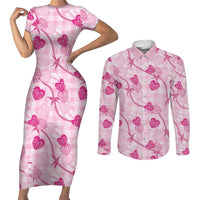 Anthurium Pikake Ti Leaf Palaka Couples Matching Short Sleeve Bodycon Dress and Long Sleeve Button Shirt Pink Version LT01 Pink - Polynesian Pride
