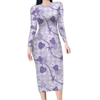 Anthurium Pikake Ti Leaf Palaka Family Matching Long Sleeve Bodycon Dress and Hawaiian Shirt Purple Version
