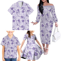 Anthurium Pikake Ti Leaf Palaka Family Matching Off The Shoulder Long Sleeve Dress and Hawaiian Shirt Purple Version