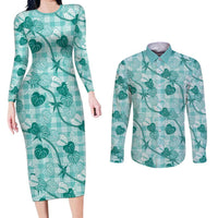 Anthurium Pikake Ti Leaf Palaka Couples Matching Long Sleeve Bodycon Dress and Long Sleeve Button Shirt Turquoise Version LT01 Turquoise - Polynesian Pride