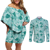 Anthurium Pikake Ti Leaf Palaka Couples Matching Off Shoulder Short Dress and Long Sleeve Button Shirt Turquoise Version LT01 Turquoise - Polynesian Pride