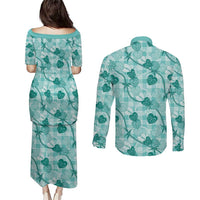 Anthurium Pikake Ti Leaf Palaka Couples Matching Puletasi and Long Sleeve Button Shirt Turquoise Version LT01 - Polynesian Pride