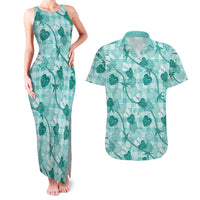 Anthurium Pikake Ti Leaf Palaka Couples Matching Tank Maxi Dress and Hawaiian Shirt Turquoise Version LT01 Turquoise - Polynesian Pride