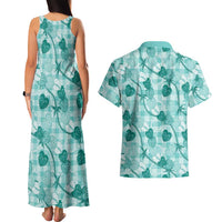Anthurium Pikake Ti Leaf Palaka Couples Matching Tank Maxi Dress and Hawaiian Shirt Turquoise Version LT01 - Polynesian Pride