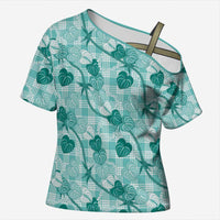 Anthurium Pikake Ti Leaf Palaka Cross Shoulder Shirt Turquoise Version LT01 Female Turquoise - Polynesian Pride