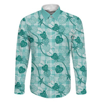Anthurium Pikake Ti Leaf Palaka Family Matching Off The Shoulder Long Sleeve Dress and Hawaiian Shirt Turquoise Version