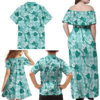 Anthurium Pikake Ti Leaf Palaka Family Matching Off Shoulder Maxi Dress and Hawaiian Shirt Turquoise Version LT01 - Polynesian Pride