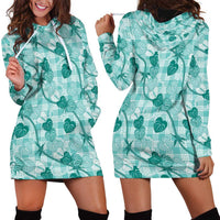Anthurium Pikake Ti Leaf Palaka Hoodie Dress Turquoise Version LT01 - Polynesian Pride