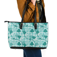 Anthurium Pikake Ti Leaf Palaka Leather Tote Bag Turquoise Version LT01 - Polynesian Pride