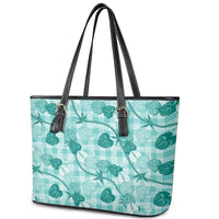 Anthurium Pikake Ti Leaf Palaka Leather Tote Bag Turquoise Version LT01 - Polynesian Pride