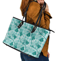 Anthurium Pikake Ti Leaf Palaka Leather Tote Bag Turquoise Version LT01 - Polynesian Pride