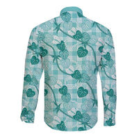 Anthurium Pikake Ti Leaf Palaka Long Sleeve Button Shirt Turquoise Version LT01 - Polynesian Pride