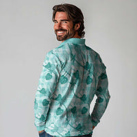 Anthurium Pikake Ti Leaf Palaka Long Sleeve Polo Shirt Turquoise Version LT01 - Polynesian Pride