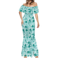 Anthurium Pikake Ti Leaf Palaka Mermaid Dress Turquoise Version LT01 - Polynesian Pride