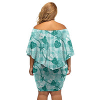 Anthurium Pikake Ti Leaf Palaka Off Shoulder Short Dress Turquoise Version