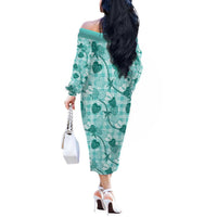 Anthurium Pikake Ti Leaf Palaka Off The Shoulder Long Sleeve Dress Turquoise Version LT01 - Polynesian Pride