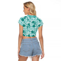 Anthurium Pikake Ti Leaf Palaka Raglan Cropped T Shirt Turquoise Version LT01 - Polynesian Pride