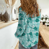 Anthurium Pikake Ti Leaf Palaka Women Casual Shirt Turquoise Version LT01 - Polynesian Pride
