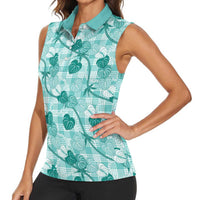 Anthurium Pikake Ti Leaf Palaka Women Sleeveless Polo Shirt Turquoise Version LT01 - Polynesian Pride