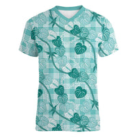 Anthurium Pikake Ti Leaf Palaka Women V-Neck T-Shirt Turquoise Version LT01 Female Turquoise - Polynesian Pride