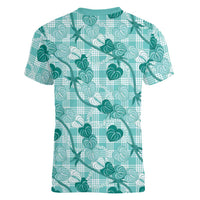 Anthurium Pikake Ti Leaf Palaka Women V-Neck T-Shirt Turquoise Version LT01 - Polynesian Pride