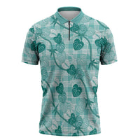 Anthurium Pikake Ti Leaf Palaka Zipper Polo Shirt Turquoise Version LT01 Turquoise - Polynesian Pride