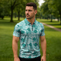 Anthurium Pikake Ti Leaf Palaka Zipper Polo Shirt Turquoise Version LT01 - Polynesian Pride