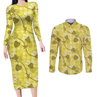 Anthurium Pikake Ti Leaf Palaka Couples Matching Long Sleeve Bodycon Dress and Long Sleeve Button Shirt Yellow Version LT01 Yellow - Polynesian Pride