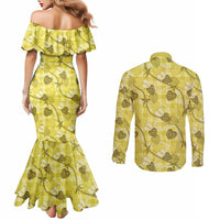 Anthurium Pikake Ti Leaf Palaka Couples Matching Mermaid Dress and Long Sleeve Button Shirt Yellow Version LT01 - Polynesian Pride