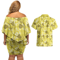 Anthurium Pikake Ti Leaf Palaka Couples Matching Off Shoulder Short Dress and Hawaiian Shirt Yellow Version LT01 - Polynesian Pride