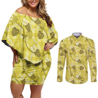 Anthurium Pikake Ti Leaf Palaka Couples Matching Off Shoulder Short Dress and Long Sleeve Button Shirt Yellow Version LT01 Yellow - Polynesian Pride