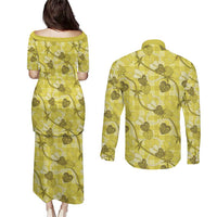 Anthurium Pikake Ti Leaf Palaka Couples Matching Puletasi and Long Sleeve Button Shirt Yellow Version LT01 - Polynesian Pride