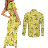 Anthurium Pikake Ti Leaf Palaka Couples Matching Short Sleeve Bodycon Dress and Long Sleeve Button Shirt Yellow Version LT01 - Polynesian Pride