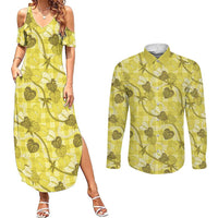 Anthurium Pikake Ti Leaf Palaka Couples Matching Summer Maxi Dress and Long Sleeve Button Shirt Yellow Version LT01 Yellow - Polynesian Pride