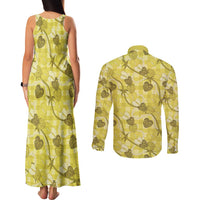 Anthurium Pikake Ti Leaf Palaka Couples Matching Tank Maxi Dress and Long Sleeve Button Shirt Yellow Version LT01 - Polynesian Pride