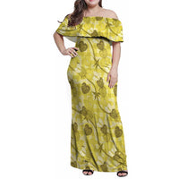 Anthurium Pikake Ti Leaf Palaka Family Matching Off Shoulder Maxi Dress and Hawaiian Shirt Yellow Version LT01 Mom's Dress Yellow - Polynesian Pride