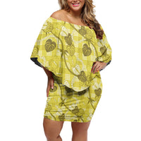 Anthurium Pikake Ti Leaf Palaka Family Matching Off Shoulder Short Dress and Hawaiian Shirt Yellow Version LT01 Mom's Dress Yellow - Polynesian Pride