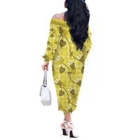 Anthurium Pikake Ti Leaf Palaka Off The Shoulder Long Sleeve Dress Yellow Version LT01 - Polynesian Pride