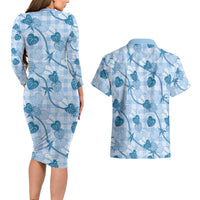 Anthurium Pikake Ti Leaf Palaka Couples Matching Long Sleeve Bodycon Dress and Hawaiian Shirt Blue Version LT01 - Polynesian Pride