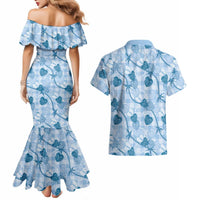 Anthurium Pikake Ti Leaf Palaka Couples Matching Mermaid Dress and Hawaiian Shirt Blue Version LT01 - Polynesian Pride
