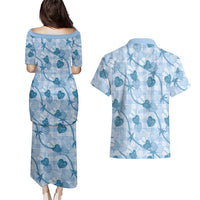 Anthurium Pikake Ti Leaf Palaka Couples Matching Puletasi and Hawaiian Shirt Blue Version LT01 - Polynesian Pride