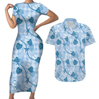 Anthurium Pikake Ti Leaf Palaka Couples Matching Short Sleeve Bodycon Dress and Hawaiian Shirt Blue Version LT01 Blue - Polynesian Pride