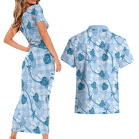 Anthurium Pikake Ti Leaf Palaka Couples Matching Short Sleeve Bodycon Dress and Hawaiian Shirt Blue Version LT01 - Polynesian Pride