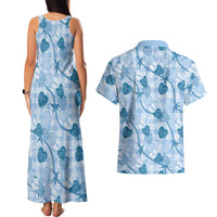 Anthurium Pikake Ti Leaf Palaka Couples Matching Tank Maxi Dress and Hawaiian Shirt Blue Version LT01 - Polynesian Pride