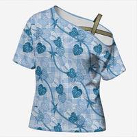 Anthurium Pikake Ti Leaf Palaka Cross Shoulder Shirt Blue Version LT01 Female Blue - Polynesian Pride