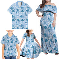 Anthurium Pikake Ti Leaf Palaka Family Matching Off Shoulder Maxi Dress and Hawaiian Shirt Blue Version