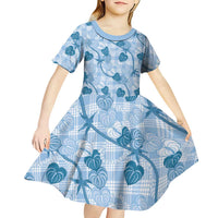 Anthurium Pikake Ti Leaf Palaka Kid Short Sleeve Dress Blue Version LT01 - Polynesian Pride